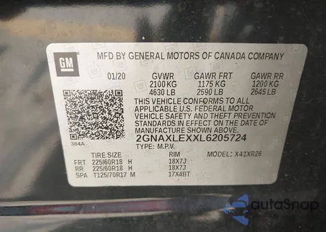 2020 Chevrolet Equinox Fwd Lt 2.0L Turbo из США, поврежденный, VIN 2GNAXLEXXL6205724